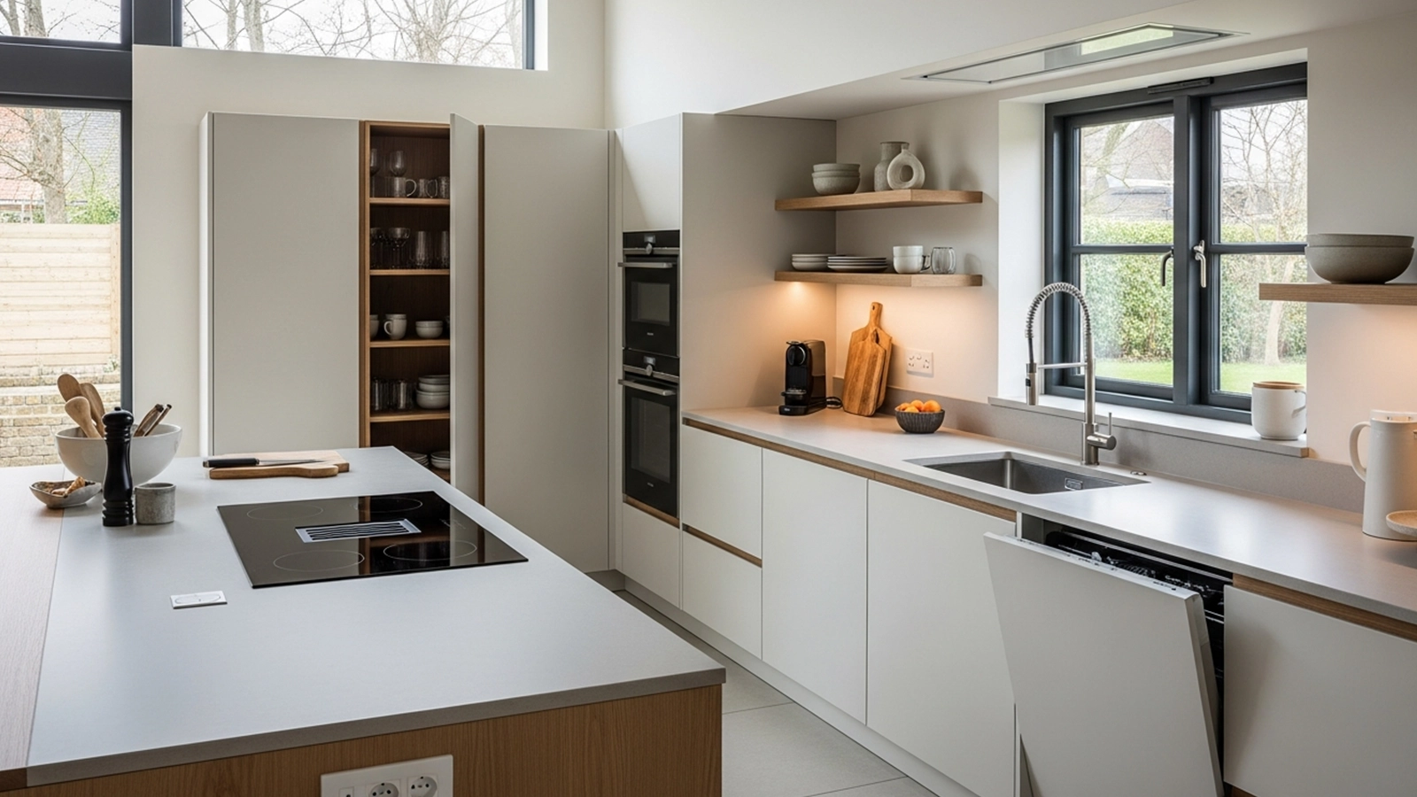 Eine funktional aufgebaute Küche mit klar gegliederten Arbeitszonen, ergonomischen Laufwegen und ausgewogenem Verhältnis zwischen Stauraum und Arbeitsfläche.