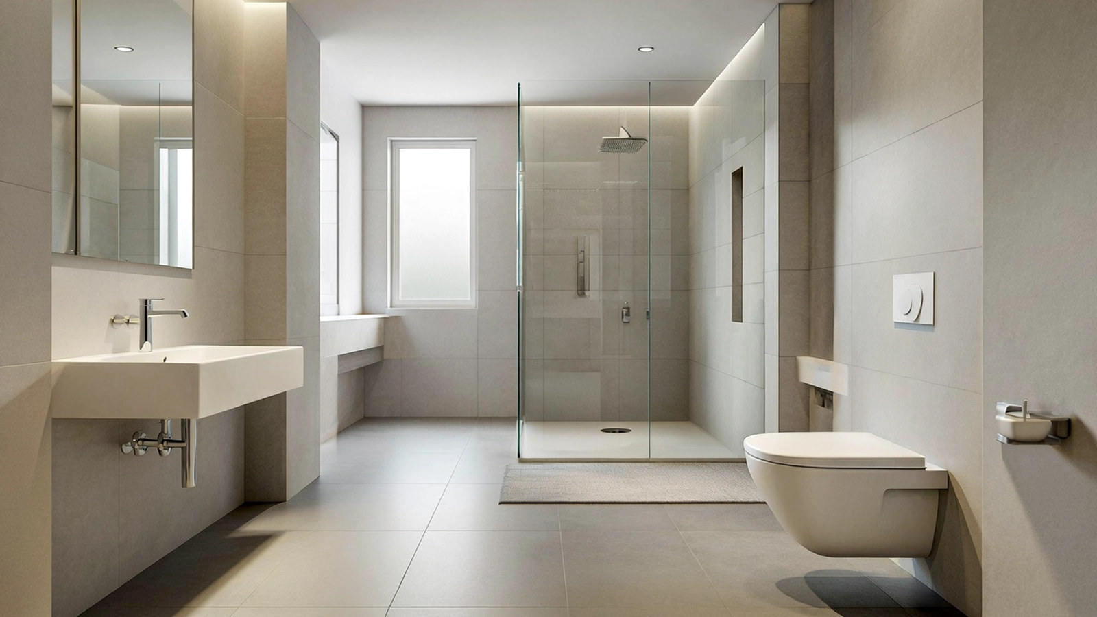 Ein funktional geplantes Badezimmer mit klar abgegrenzten Zonen für Waschen, Duschen und Nutzung sowie ausreichend Bewegungsfläche.