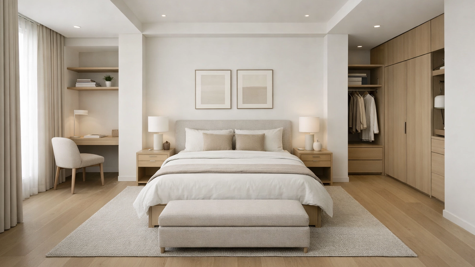 Ein funktional geplantes Schlafzimmer mit klarer Raumstruktur, ruhiger Zonierung und ausgewogenen Proportionen.