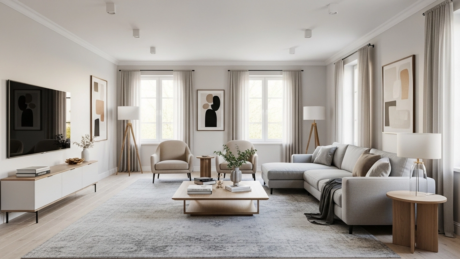 Ein ausgewogen aufgebautes Wohnzimmer mit klaren Funktionszonen, freier Bewegungsfläche und ruhiger Gesamtwirkung.