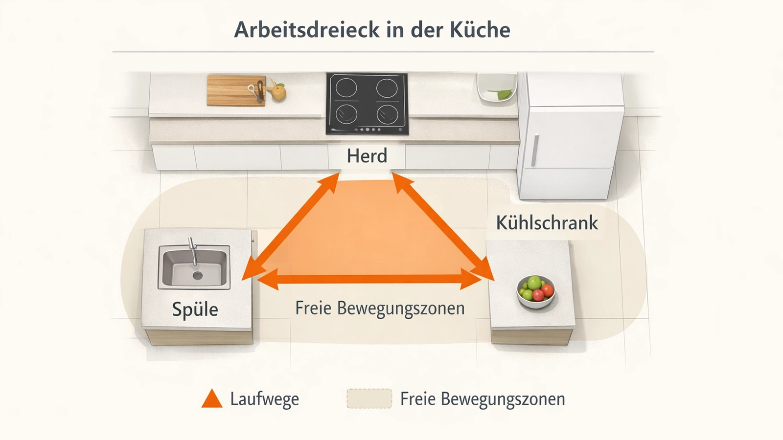 Darstellung eines Küchenarbeitsdreiecks mit ausreichend Bewegungsflächen zwischen Spüle, Kochfeld und Kühlschrank ohne gegenseitige Blockierung.