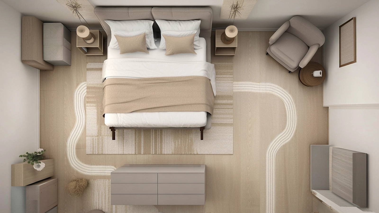 Ein Schlafzimmer mit ausreichend Bewegungsflächen, klaren Laufwegen und konfliktfreier Erschließung.