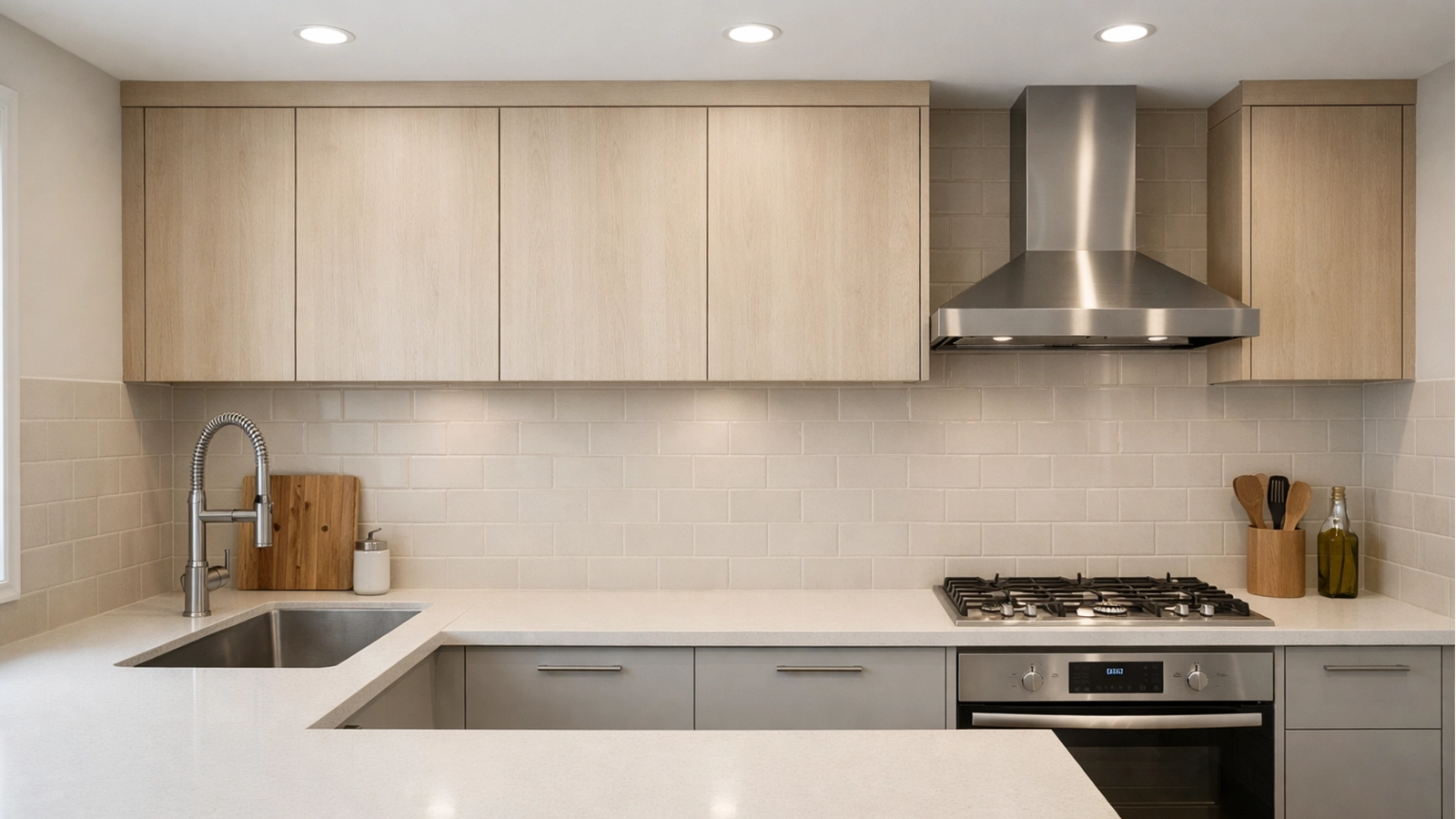 Eine durchgehend geplante Küchenarbeitsfläche mit ausreichend Platz zwischen Spüle und Kochfeld für vorbereitende Tätigkeiten.