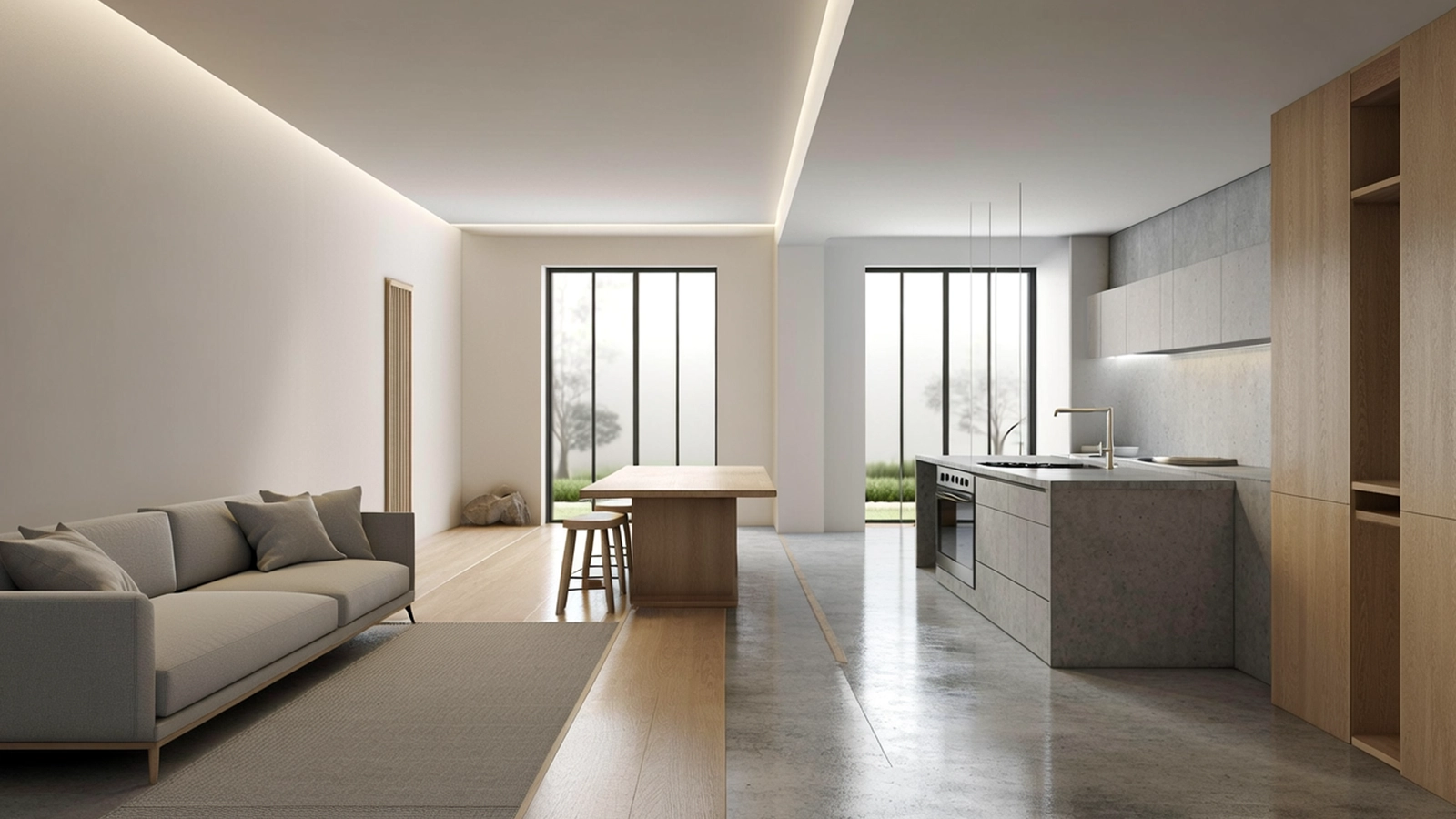 Übergangsbereiche in einer Wohnung mit klaren Schwellen, die Funktionen trennen und dennoch fließende Bewegungen ermöglichen.