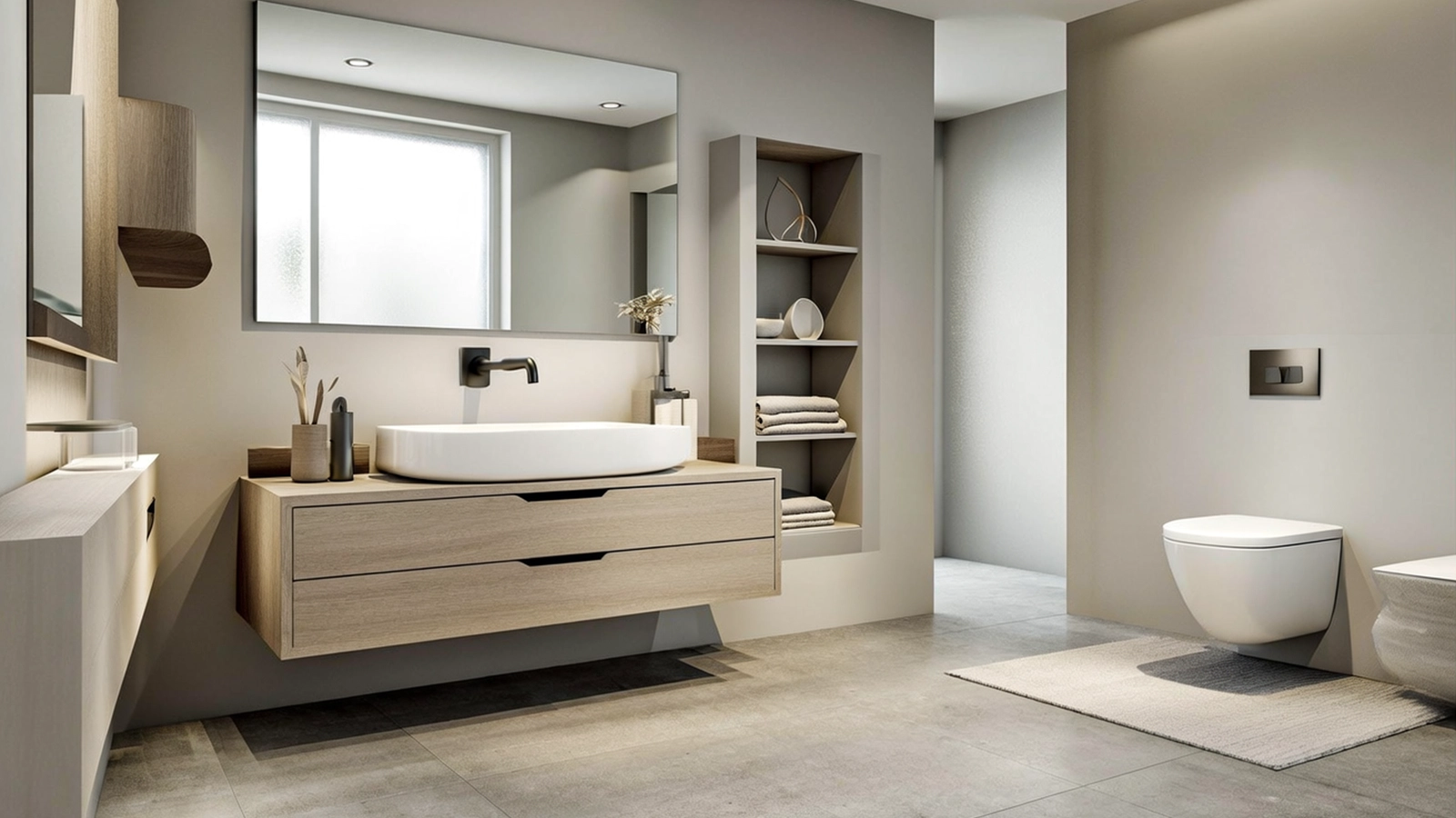 Ergonomisch abgestimmtes Badezimmer mit gut erreichbaren Sanitärobjekten und logisch angepassten Nutzungshöhen.