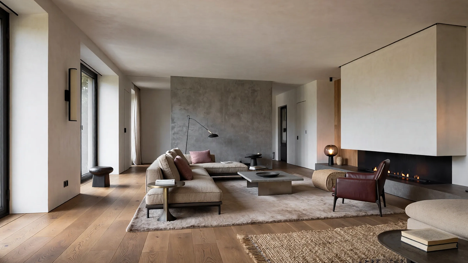 Wohnzimmer mit klarer visueller Führung durch Materialien, Bodenflächen und ruhige Farbabstufungen.