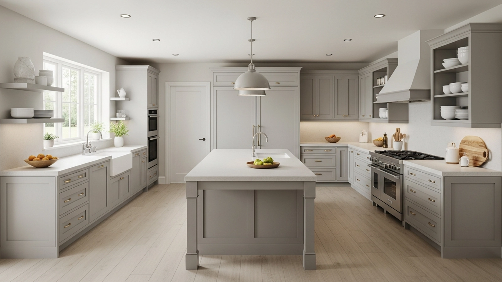 Eine Küche mit ausreichend dimensionierten Abständen zwischen den Möbelzeilen, die freie Bewegung und paralleles Arbeiten ermöglichen.