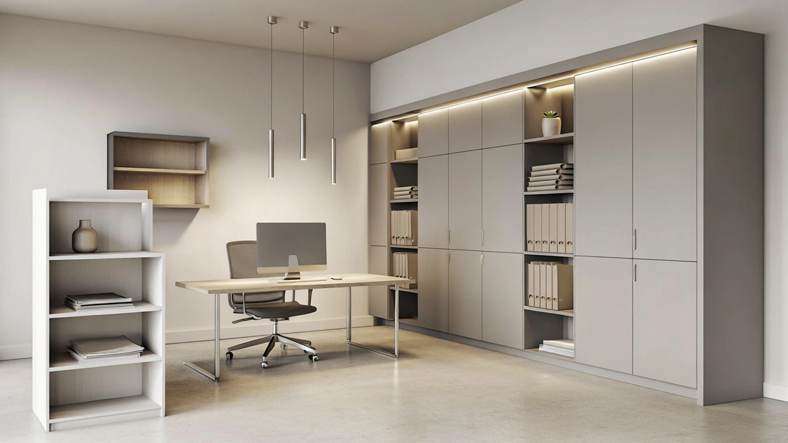 Unterstützende Funktionszonen mit integriertem Stauraum, die Hauptbereiche entlasten und Abläufe stabilisieren.