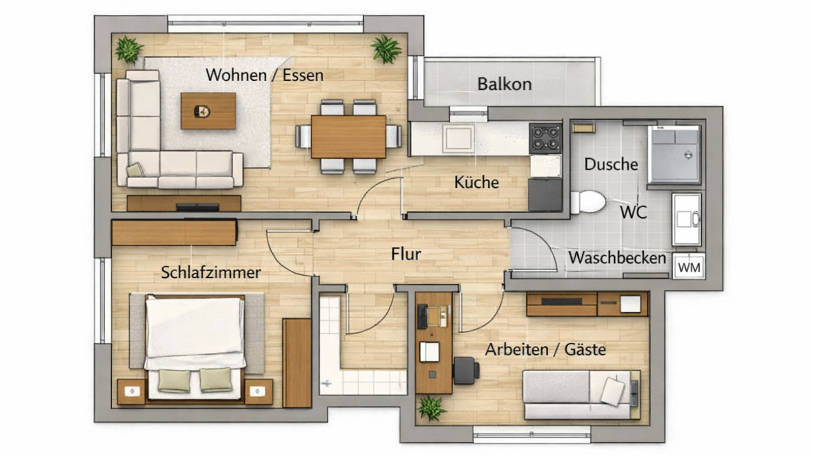 Funktional eingebundenes Badezimmer innerhalb einer Wohnungsstruktur mit klaren Wegebeziehungen zu angrenzenden Räumen.