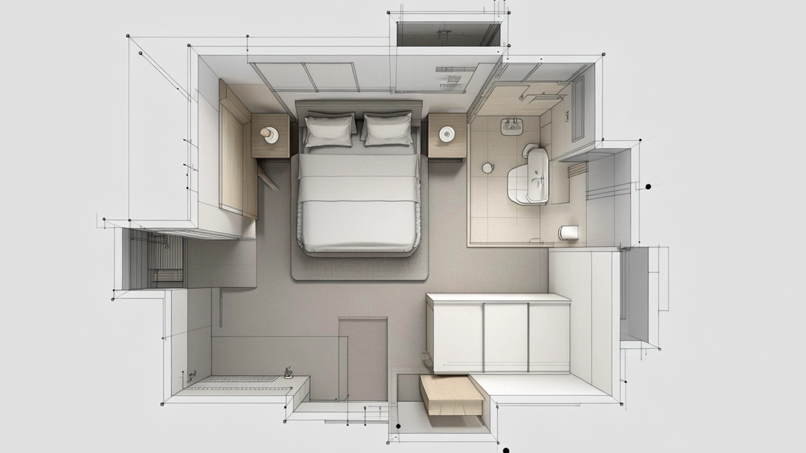 Ein Schlafzimmer mit klarer Abgrenzung zu angrenzenden Wohnbereichen und ruhigem Übergang zu Flur oder Bad.