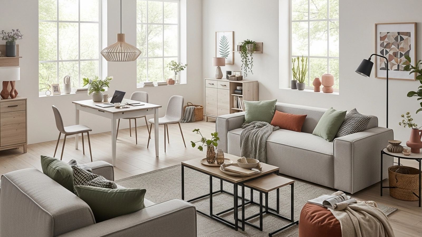 Wohnzimmer mit anpassungsfähiger Struktur, das unterschiedliche Alltagssituationen ohne Umstellung ermöglicht.