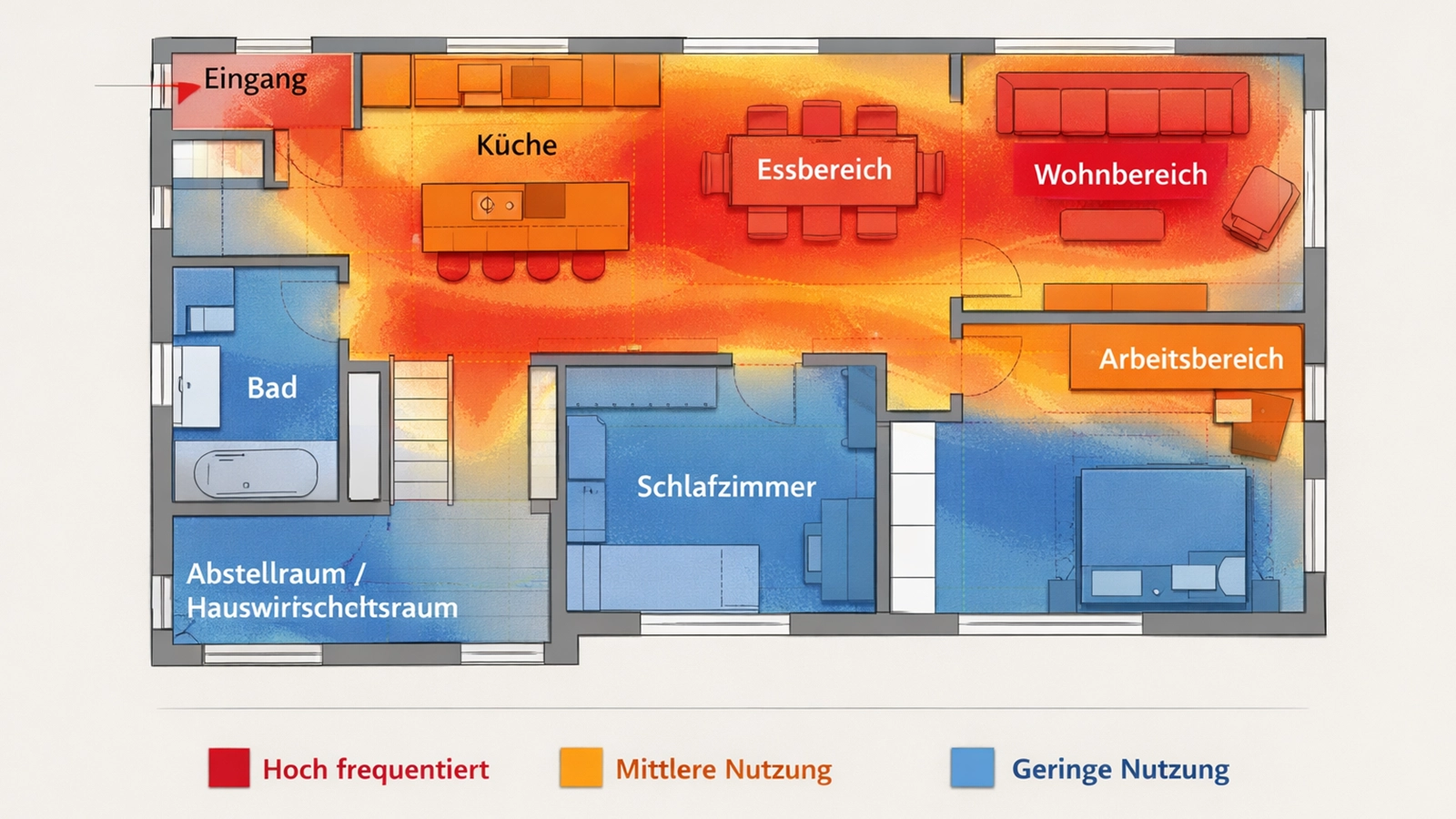 Wohnbereiche mit unterschiedlich hoher Nutzungshäufigkeit, klar erkennbaren Belastungszonen und angepasster funktionaler Struktur.
