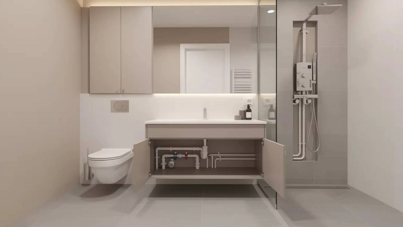 Ein funktional geplantes Badezimmer mit gut zugänglichen technischen Bereichen, die Wartung und Reparaturen ohne strukturelle Eingriffe ermöglichen.