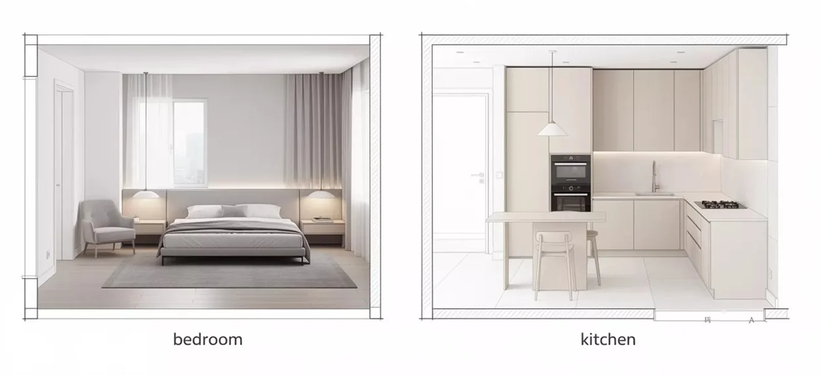 Vergleich von Schlafzimmer und Küche als unterschiedliche Funktionsräume mit klar voneinander abweichenden Anforderungen.