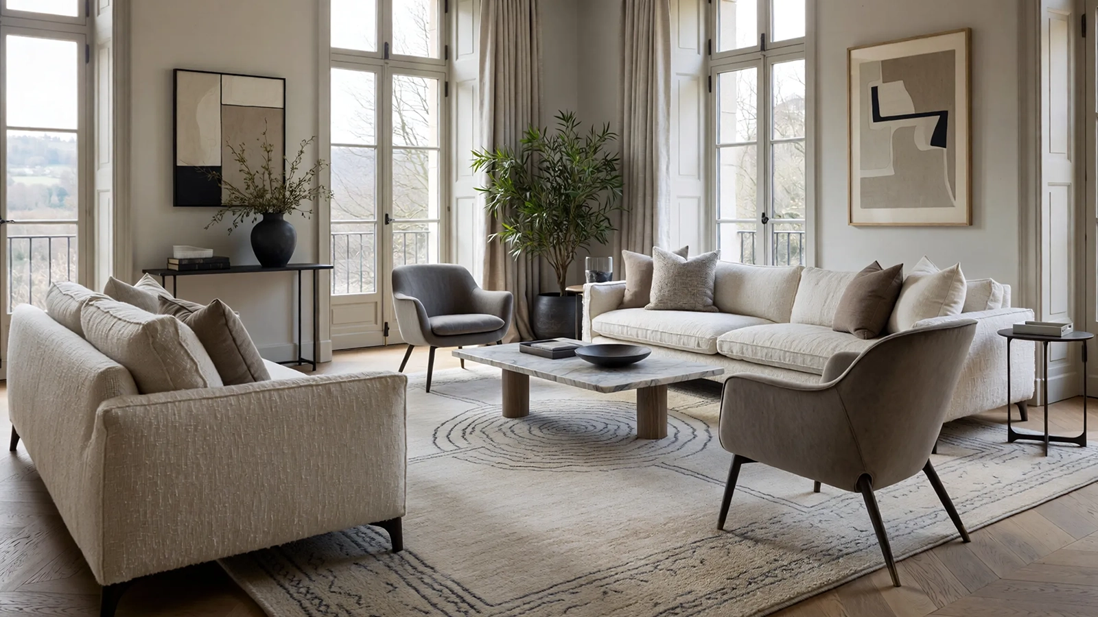 Ein korrekt dimensionierter Teppich ordnet den Sitzbereich, verbindet Möbel optisch und unterstützt die Raumproportionen.