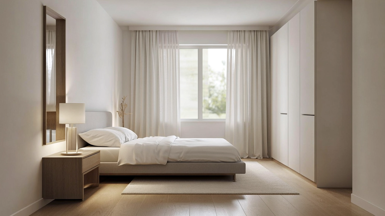 Ein Schlafzimmer mit ausgewogener Planung für Tages- und Nachtnutzung und ruhigem, funktionalem Lichtkonzept.